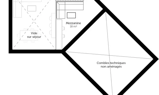 Plan maison 100m2 à étage : vue en coupe d'une mezzanine avec salon et salle à manger, et combles techniques non aménagés.