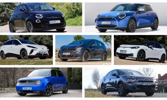 Variedad de tipos de vehículos eléctricos: Fiat 500e, Mini Cooper SE, MG4, Cupra Born, VW ID.3, Honda e y Citroën ë-C4.
