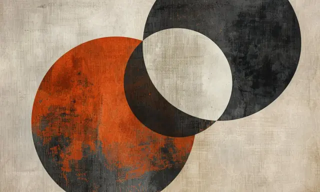 Minimal art mit überlappenden Kreisen in Orange, Schwarz und Beige. Textur erinnert an Leinwand.