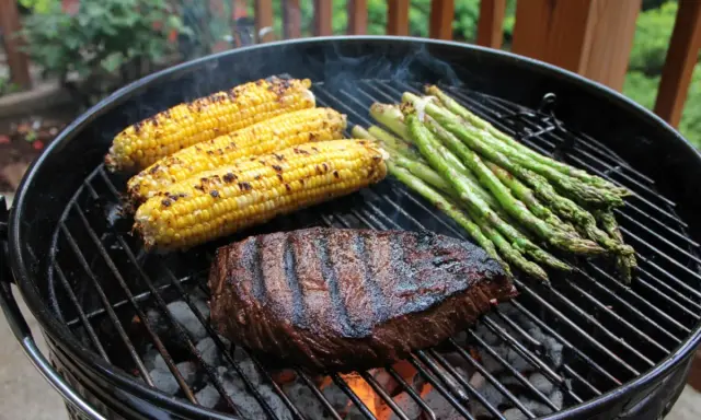 Grillad biff, majskolvar och sparris på en klotgrill. Perfekt för grymma grillrecept en sommardag.