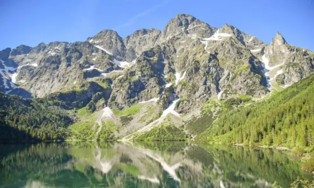Górskie szczyty odbijają się w tafli Morskiego Oka. To jezioro znajduje się na wysokości 1395 m n.p.m.