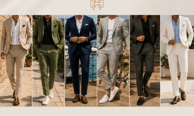 Five men showcase stylish wedding casual attire: linen suits in beige, olive, navy, grey, and cream, paired with open-collar shirts and loafers or sneakers.