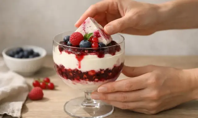 Verrine de dessert aux fruits rouges et crème, garnie d'une feuille de menthe.