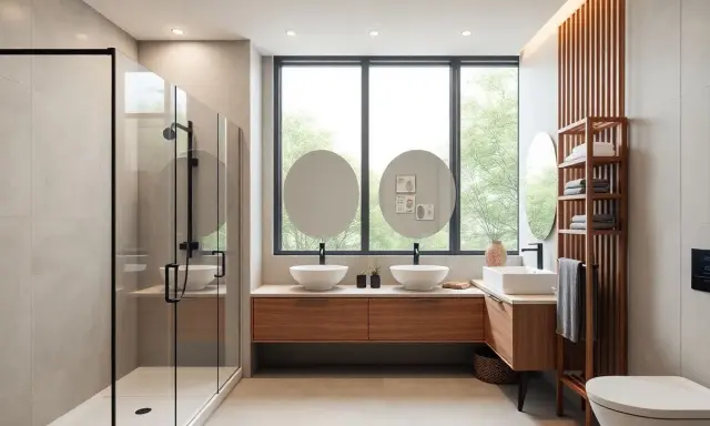 Salle de bain 10m2 moderne avec douche vitrée, double vasque sur meuble bois, et étagère murale.