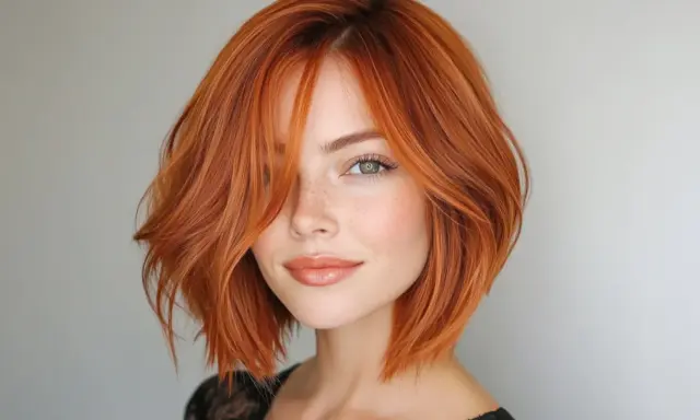 Mujer con cabello cobrizo y corte bob asimétrico, ideal para cortes de pelo para dar volumen al pelo fino.