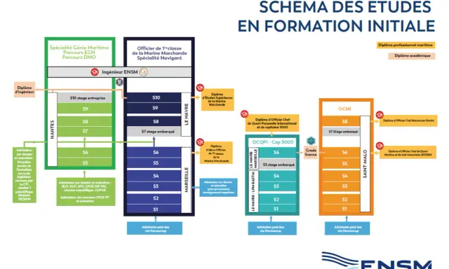 Le schéma des études ENSM montre les parcours pour devenir officier ou ingénieur maritime. Un futur boat captain peut y trouver sa voie.