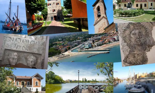 Bellaria Igea Marina: un collage di storia e mare. Barche a vela, un'antica torre, un mosaico romano, la spiaggia e un lago incorniciano la bellezza di questa località.