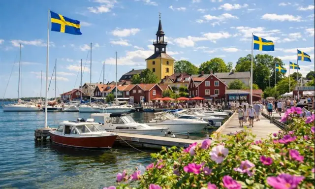 En livlig hamn med svenska flaggor, båtar och röda hus. Kanske en vy från ett mysigt hotell i Norrbotten en solig sommardag.