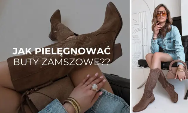 Jak pielęgnować buty zamszowe? Stylowa kobieta w jeansowej sukience i brązowych kozakach pokazuje, jak dbać o zamsz.