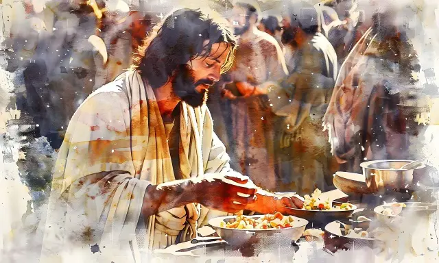Jezus rozdziela pokarm, jak w psalm 5. Woda i światło tworzą mistyczną atmosferę wokół postaci i zgromadzonych ludzi.