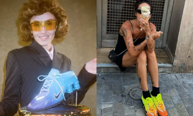 Dwie stylizacje z butami Nike. Po lewej modelka w niebieskich, futurystycznych butach, po prawej osoba w neonowych, pomarańczowo-żółtych. Czy to najbrzydsze buty Nike?
