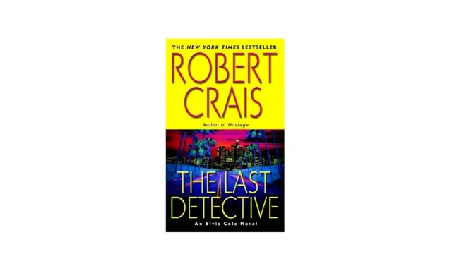 Book cover for "The Last Detective" by Robert Crais, featuring a neon-lit cityscape at dusk.