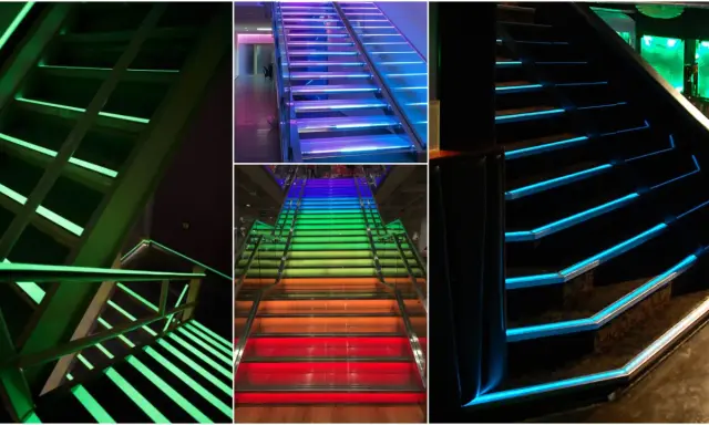 Schody z zielonym, tęczowym i niebieskim podświetleniem pokazują różnicę między RGB a RGBW w oświetleniu.