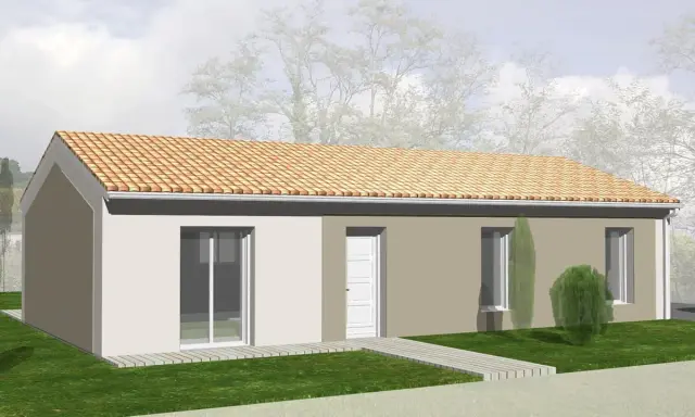 Une maison moderne avec toit en tuiles, idéale pour construire maison pour 80 000 euros. Pelouse verte et ciel nuageux.