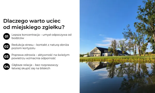 Sielankowa kraina z jeziorem i budynkiem hotelowym. Ucieczka od zgiełku miasta dla lepszej koncentracji i redukcji stresu.