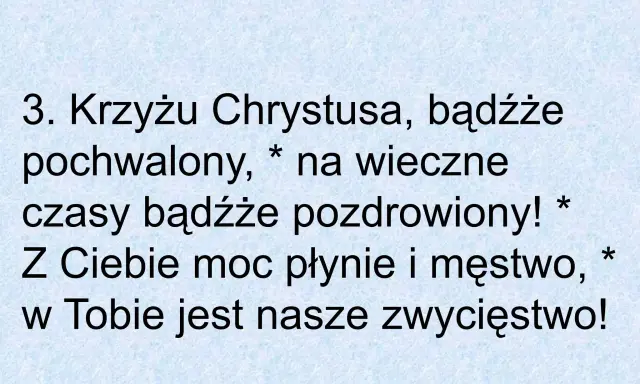 3. Krzyżu Chrystusa, bądźże pochwalony, na wieczne czasy bądźże pozdrowiony! Z Ciebie moc płynie i męstwo, w Tobie jest nasze zwycięstwo!