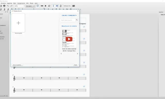 Finestra di avvio per creare spartito online. Include opzioni per trovare musica e tutorial.