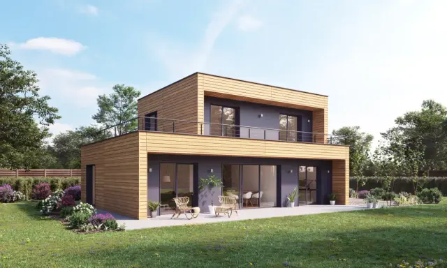 Maison bois moderne avec terrasse, jardin fleuri. Un bel exemple de maison booa prix m2 abordable et design.