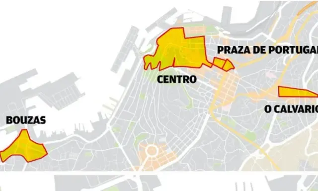 Mapa de Vigo con zonas resaltadas: Bouzas, Centro, Praza de Portugal y O Calvario. Ideal para planificar ir a Vigo en coche.