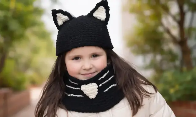 Niña sonriente con un gorro de lana con orejas de gato y bufanda a juego, tejida con agujas.