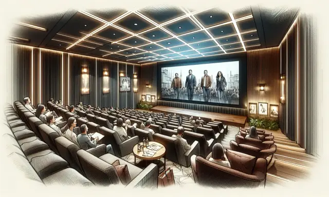 Un pubblico attento si prepara ad andare al cinema, seduto in comode poltrone davanti a un grande schermo che proietta un film.