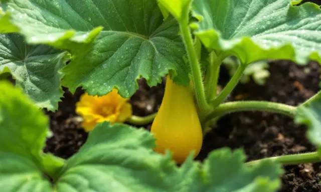 Un jeune courge butternut jaune, encore petit, se cache sous de grandes feuilles vertes. L'arrosage butternut est essentiel pour sa croissance.
