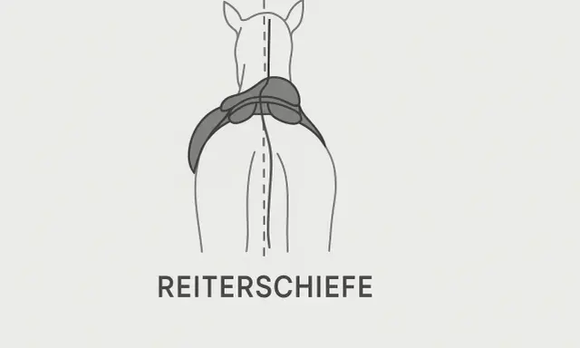Illustration zeigt ein Pferd von hinten, bei dem der Sattel nach hinten rutscht. Dies wird als "Reitersschiefe" bezeichnet.