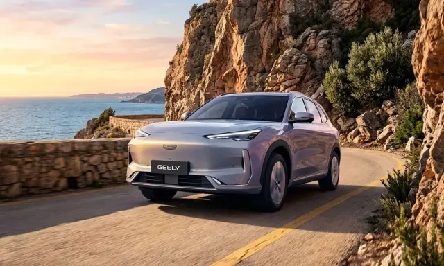 Un Geely plateado recorre una carretera costera en España al atardecer, con el mar Mediterráneo y acantilados rocosos de fondo.
