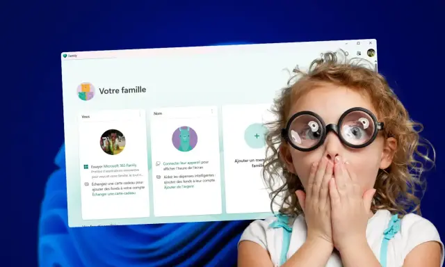 Une fillette surprise devant l'écran d'un PC affichant la gestion du contrôle parental familial Microsoft.