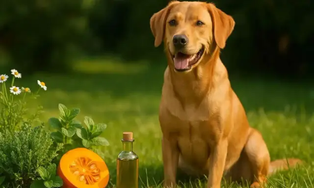Labrador joyeux à côté d'une courge, d'herbes et d'une huile, suggérant un vermifuge chien naturel.