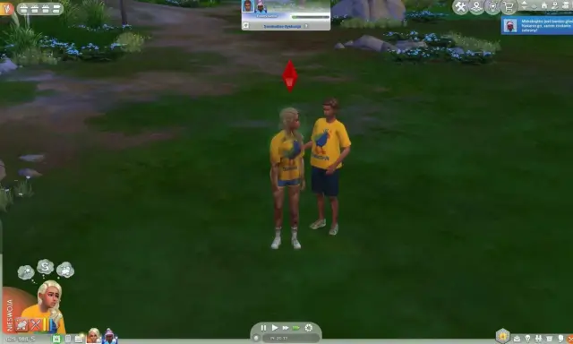 Para młoda w żółtych koszulkach z kurczakiem, w grze The Sims historie z życia wzięte.