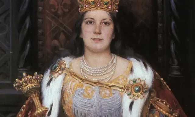 Portret królowej Jadwigi w koronie i klejnotach. Jej śmierć, choć nie pokazana, jest tematem dyskusji, jak zginęła królowa Jadwiga.