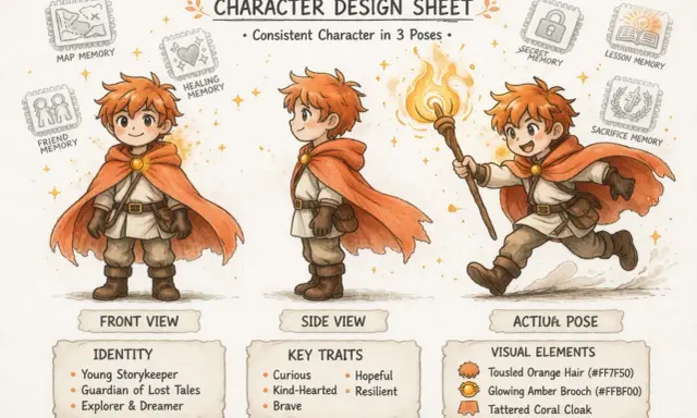Un jeune aventurier au nom de "Rory" porte une cape orange et une torche. Il est un gardien d'histoires perdues.