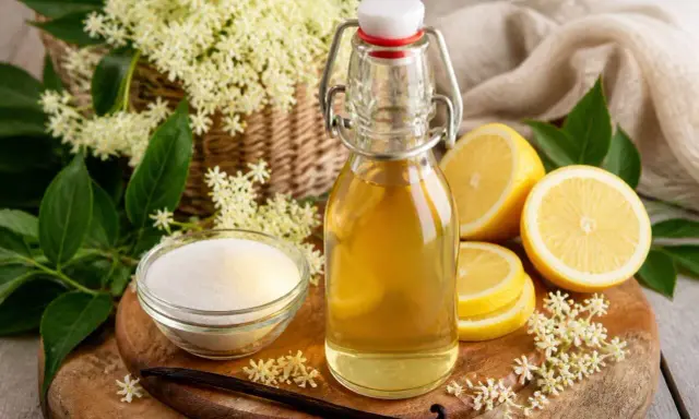 Bouteille de sirop de sureau, citrons, sucre et fleurs de sureau. Une recette de grand-mère pour un sirop fait maison.