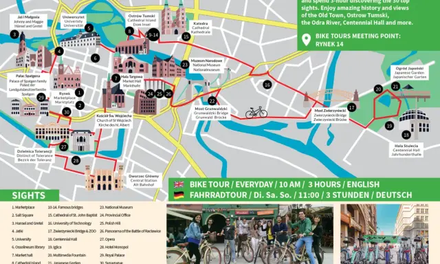 Mapa Wrocławia z zaznaczoną trasą rowerową. Odkryj atrakcje Wrocławia, takie jak Rynek, Ostrów Tumski i Hala Stulecia.