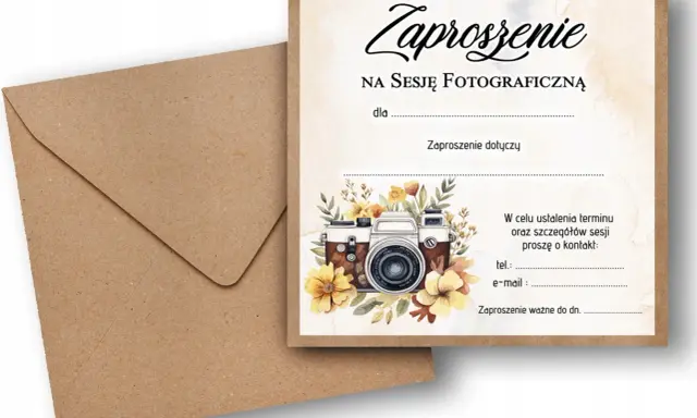 Zaproszenie na sesję fotograficzną z motywem aparatu i kwiatów. Tekst zaproszenia zawiera pola do uzupełnienia danych.