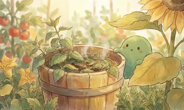 Un tierno ser verde observa un balde de madera con agua humeante y hojas de ortiga. Alrededor, tomates, flores amarillas y un girasol.