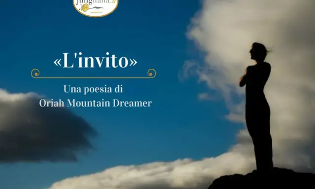 Silhouette di una persona che guarda il cielo, con il titolo "L'invito", una poesia di Oriah Mountain Dreamer, che evoca riflessioni sulle poesie sulla vita.