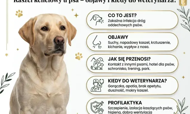 Labrador z objawami kaszlu kenelowego u psa: suchy kaszel, kichanie, wypływ z nosa. Informacje o chorobie i profilaktyce.