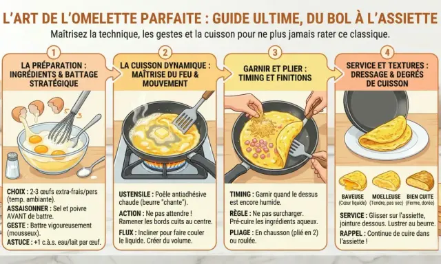 Guide illustré pour réussir une omelette à la plancha parfaite, de la préparation à la cuisson et au dressage.