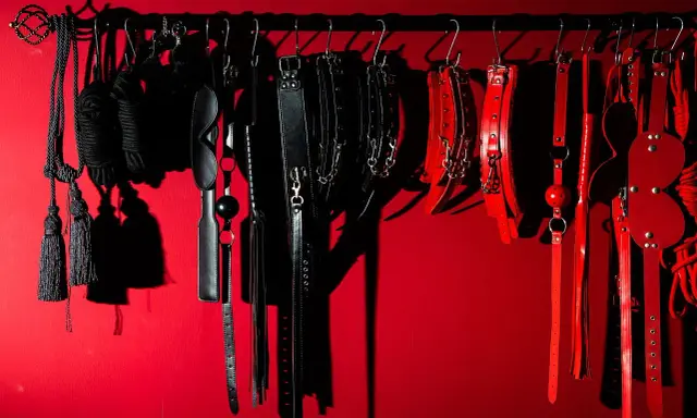 Kolekcja czarnych i czerwonych akcesoriów, takich jak bicze, kajdanki i maski, sugeruje fetysz seksualny.