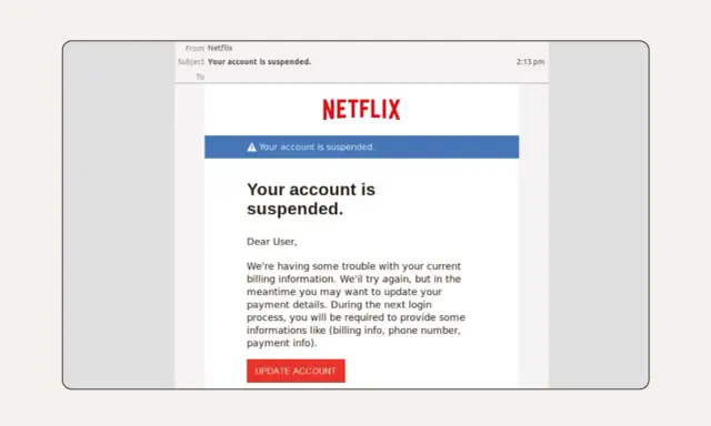 Vorsicht vor diesem Netflix-E-Mail-Betrug! Es handelt sich um **email spoofing**, das versucht, Ihre Zahlungsdaten zu stehlen.