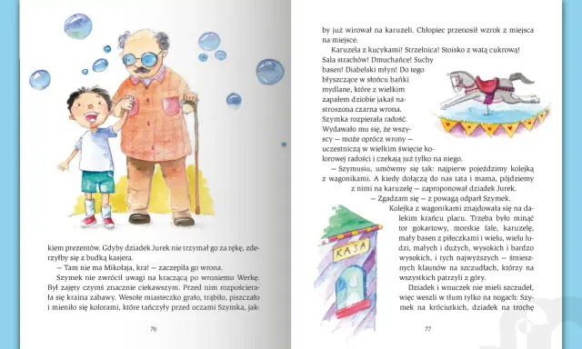 Bajki terapeutyczne zaparcia nawykowe: Dziadek Jurek i Szymek cieszą się wesołym miasteczkiem, pełnym atrakcji i kolorów.