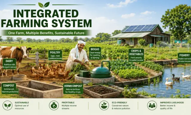 Integrated farming system with dairy cows, poultry, crops, vegetables, and fishery. This sustainable approach benefits livelihood.