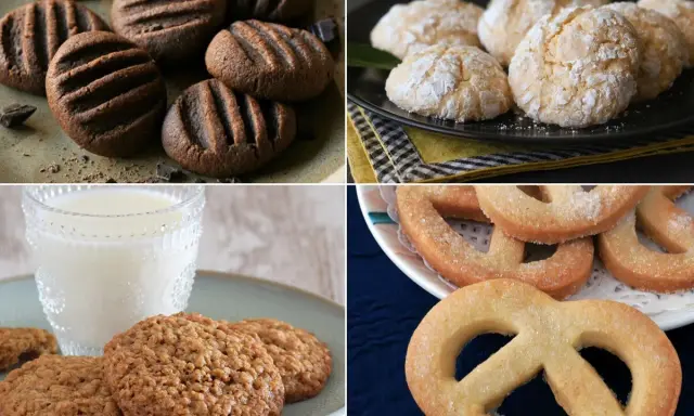 Cuatro tipos de galletas caseras: de chocolate, craqueladas, de avena y de mantequilla con forma de pretzel.
