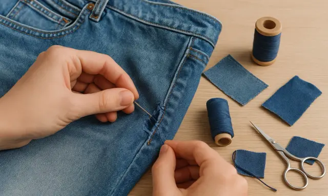 Ręce zaszywają dziurę w jeansach, używając igły i nici. Obok leżą łatki dżinsowe, szpulki nici i nożyczki.