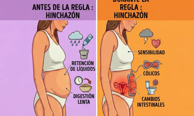 Antes de la regla, me siento hinchada por retención de líquidos y digestión lenta. Durante la regla, la hinchazón se acompaña de sensibilidad, cólicos y cambios intestinales.