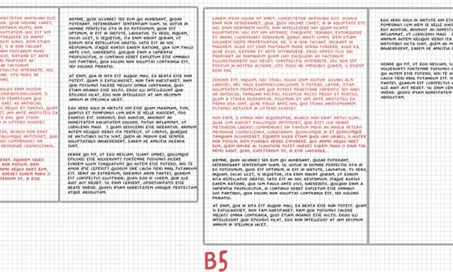 Dos columnas de texto manuscrito, una más ancha que la otra, comparando tamaño B6 vs A5.