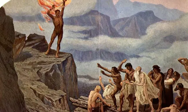 Prometheus, der Titan, bringt den Menschen das Feuer. Eine Gruppe von Menschen blickt voller Ehrfurcht auf das Geschenk, das den Prometheus-Mythos verkörpert.