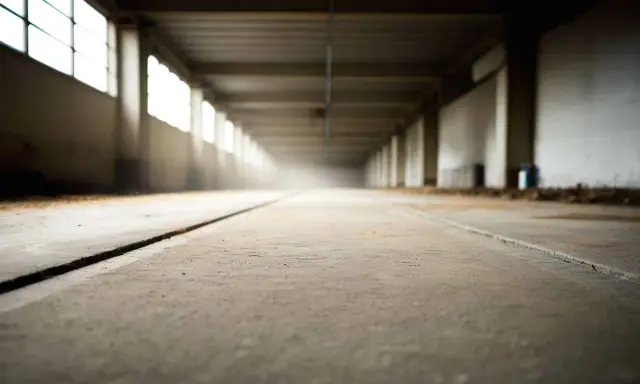 Pusta hala z betonową posadzką i rzędem okien po lewej. Długi korytarz, kurz w powietrzu. Dlaczego beton nie ma pracy?